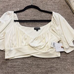 Originality+ Cream Ribbed Puff-Sleeve Crop Top